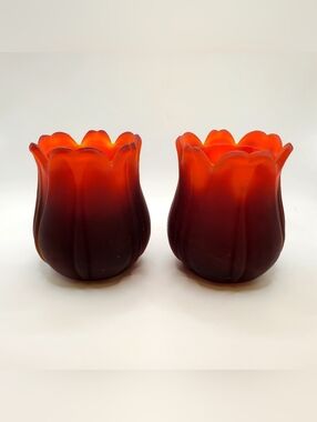 Pair Vintage Faroy Glass Votive Candleholders Ruby Amberina Satin Glow USA Read!